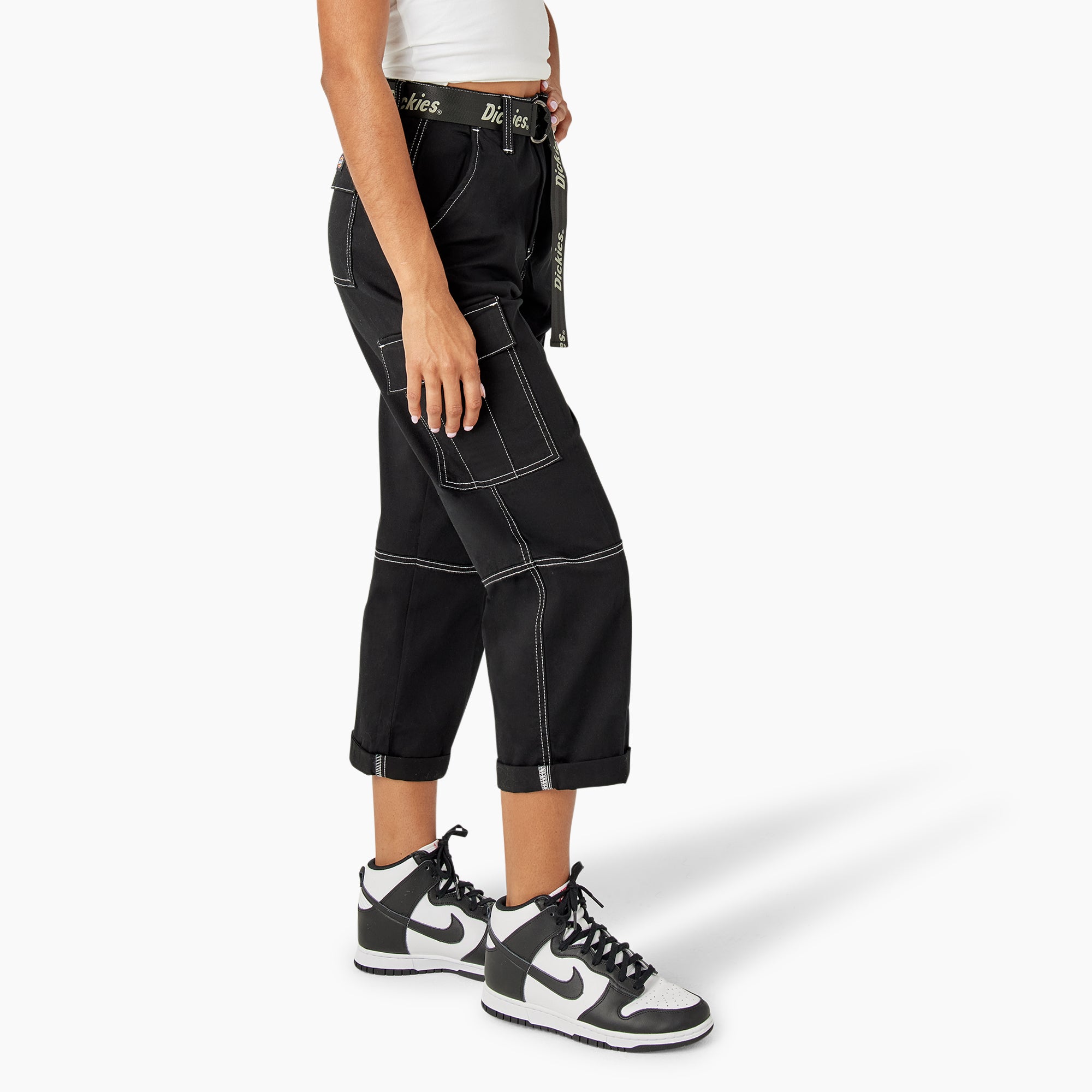 Women's Relaxed Fit Contrast Stitch Cropped Cargo Pants - 图片 4