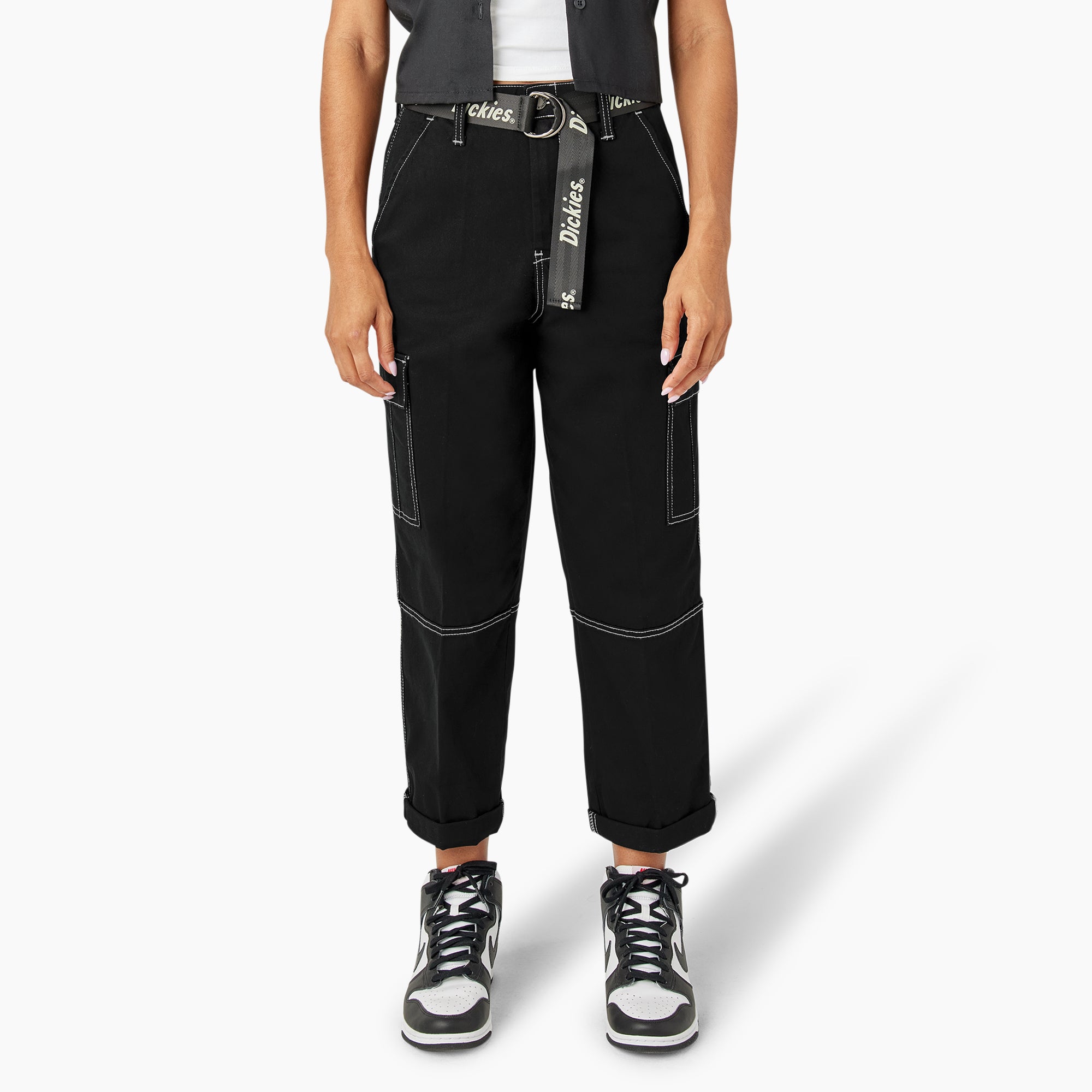 Women's Relaxed Fit Contrast Stitch Cropped Cargo Pants